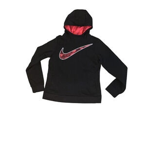Nike Girls Dri-FIT Hoodie Black Pink Patterned Swoosh Big Kids Large L 14/16 Gym